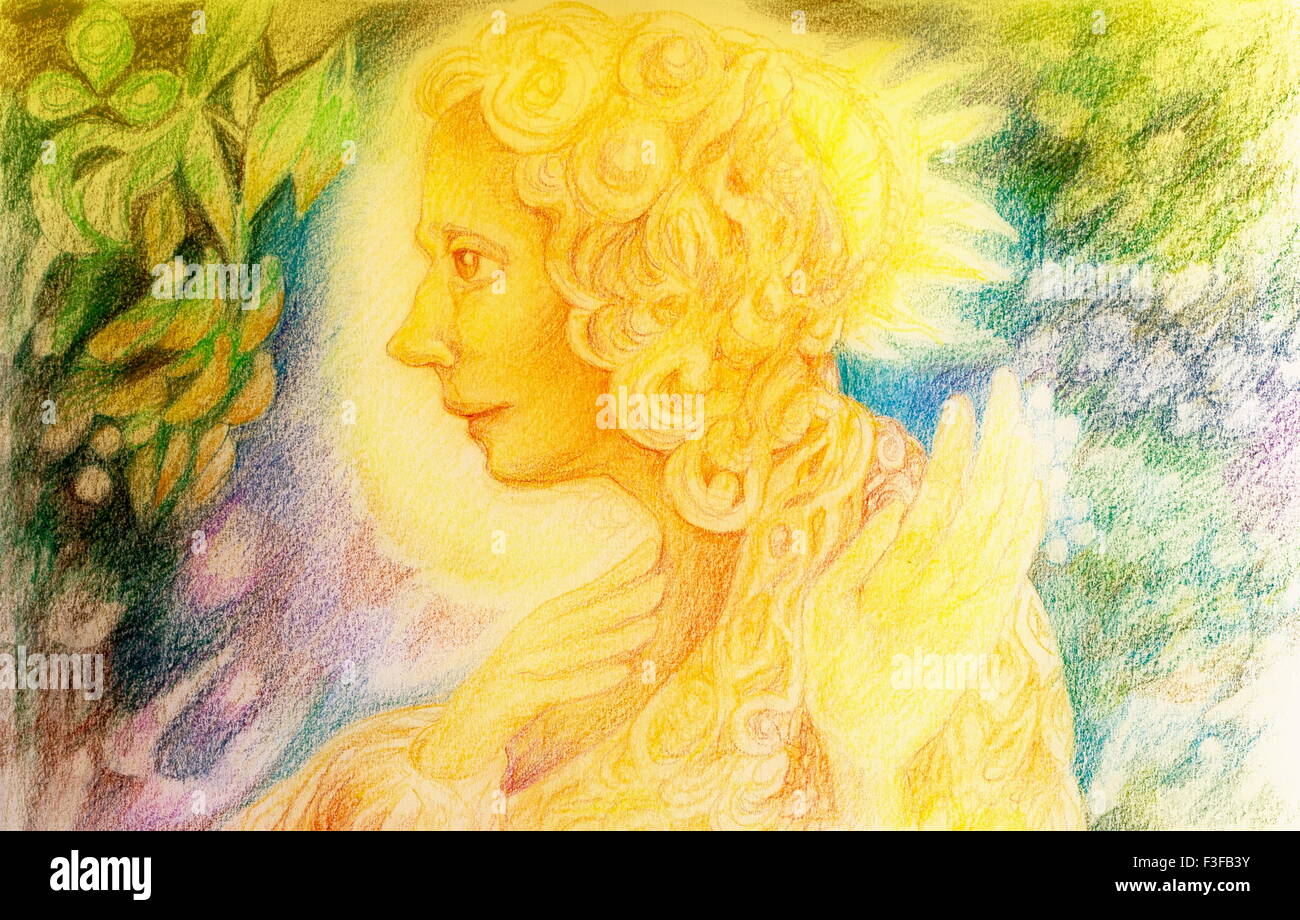 Lumière d'or fantasy fairy spirit avec les oiseaux et motif de feuilles flottantes, belle peinture colorée d'une créatures elfiques radiant Banque D'Images