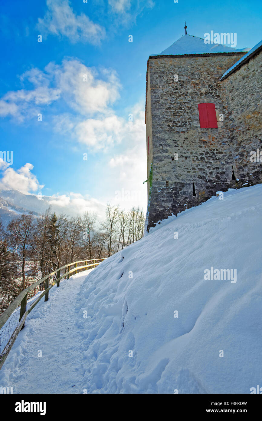 Château médiéval de Gruyères en Suisse, un important lieu touristique dans la vallée haute de la rivière Saane et donne son n Banque D'Images