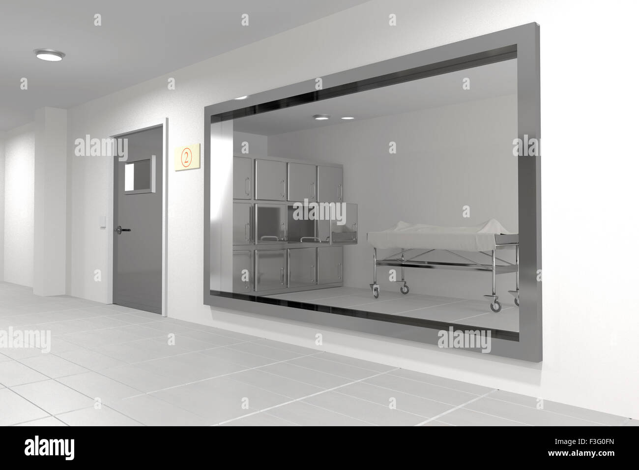 Le rendu 3D d'une salle d'autopsie macabre Banque D'Images