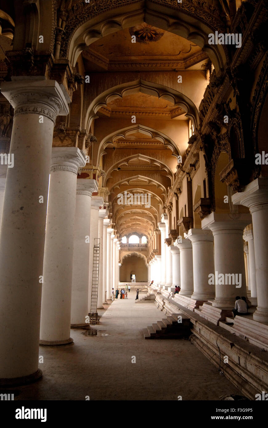 Rangée de grandes colonnes et arcades de l'impressionnant Palais Thirumalai Nayak style mauresques ; Indo Madurai Tamil Nadu Banque D'Images