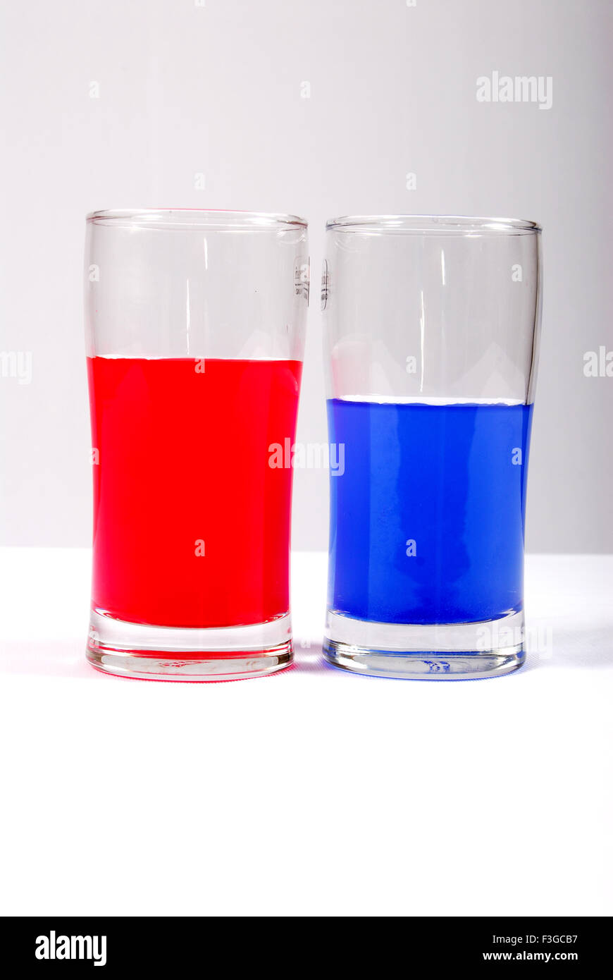 Le rouge et le bleu de l'eau dans les verres de couleur sur fond blanc Banque D'Images