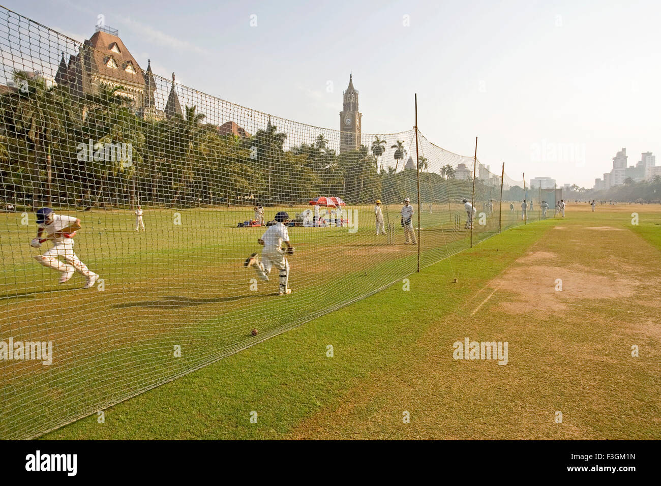 Les enfants jouer au cricket dans l'Oval maidan avec Tour Rajabai et la Haute Cour à l'arrière-plan ; Bombay Mumbai Maharashtra Banque D'Images