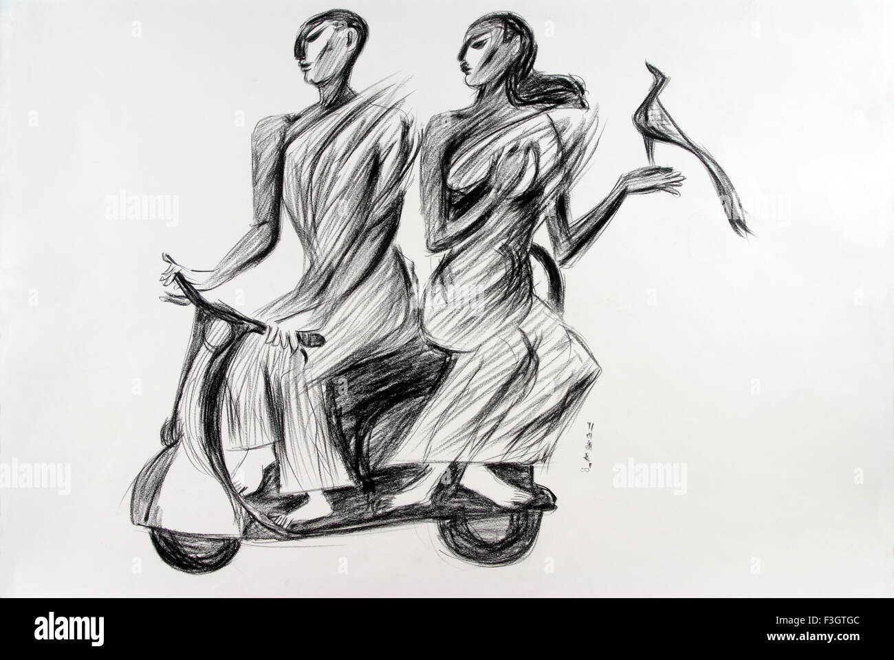 Homme Et Une Femme En Scooter Dessin Au Fusain Sur Papier