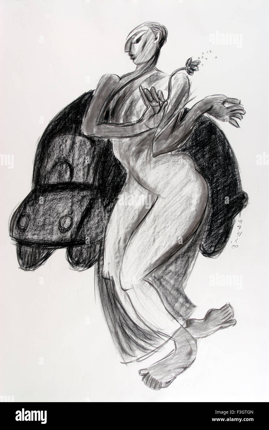 Voiture dans son rêve dessin au fusain sur papier fait main Banque D'Images