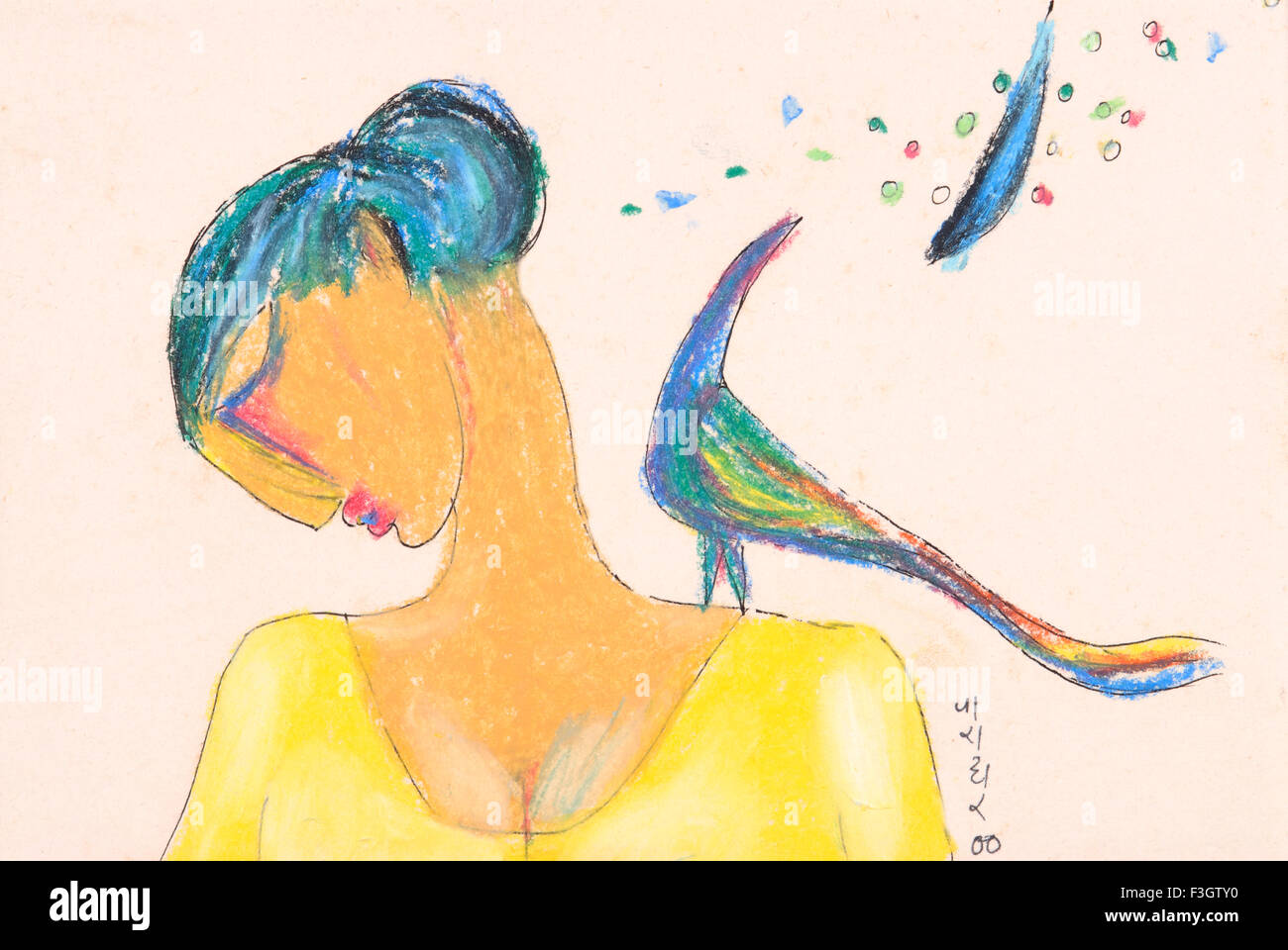 Femme avec oiseau sur son épaule pastel à l'huile sur papier Banque D'Images