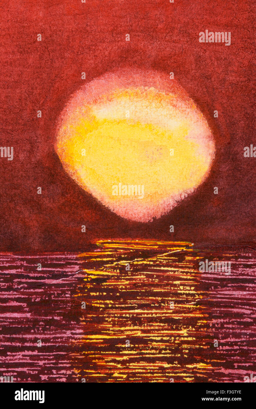 Coucher du soleil en mer aquarelle sur papier fait main Banque D'Images