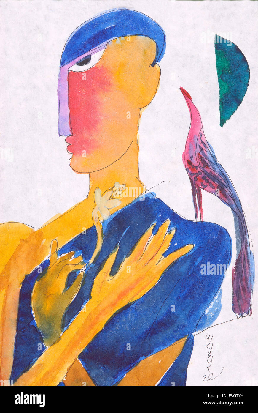 L'homme oiseau et offrant avec lune aquarelle sur papier fait main Banque D'Images