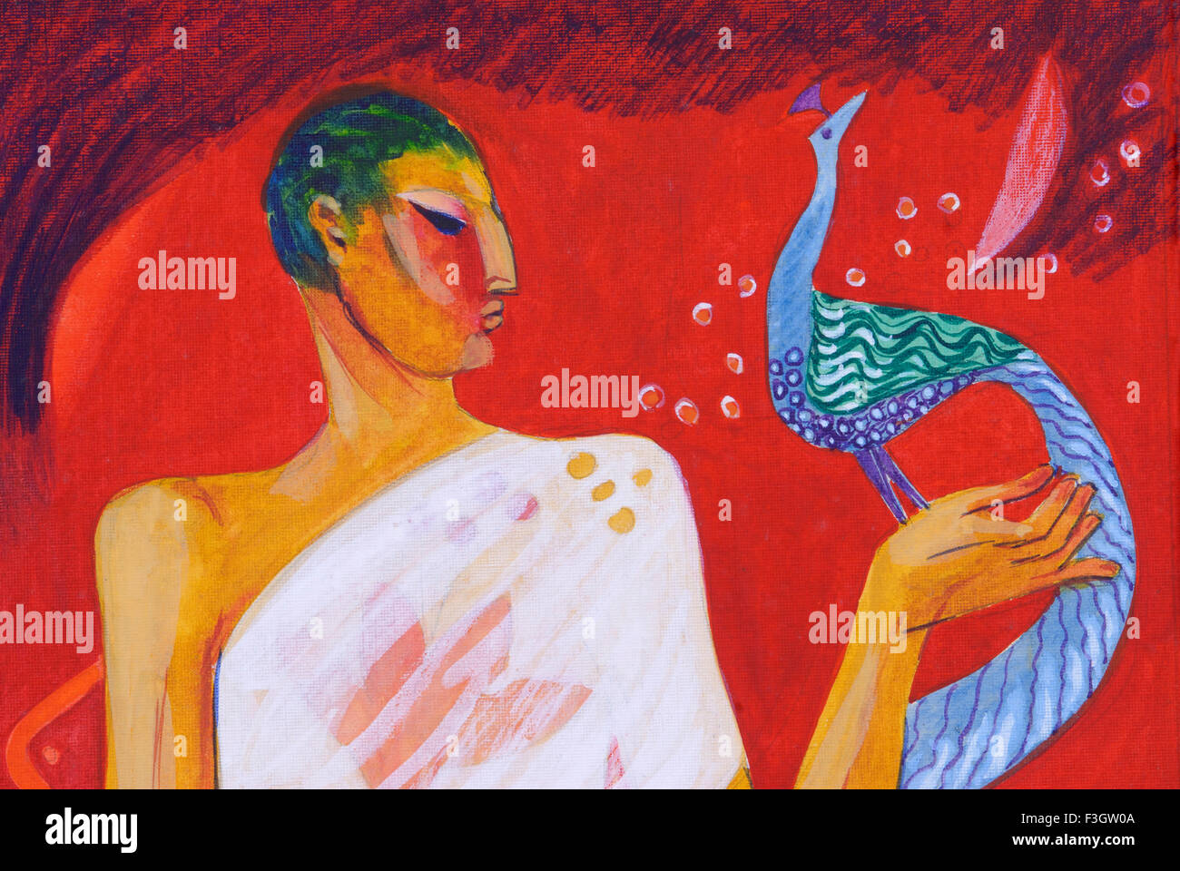 Ascétique et un oiseau paon aquarelle sur mountboard Banque D'Images
