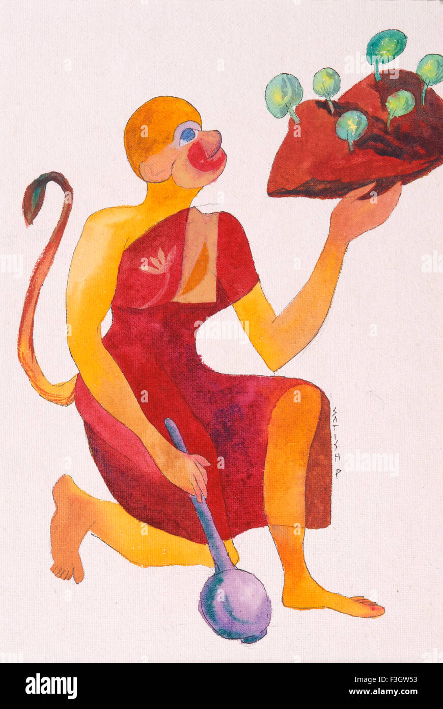 Dieu hanuman ou maruti aquarelle sur papier fait main Banque D'Images