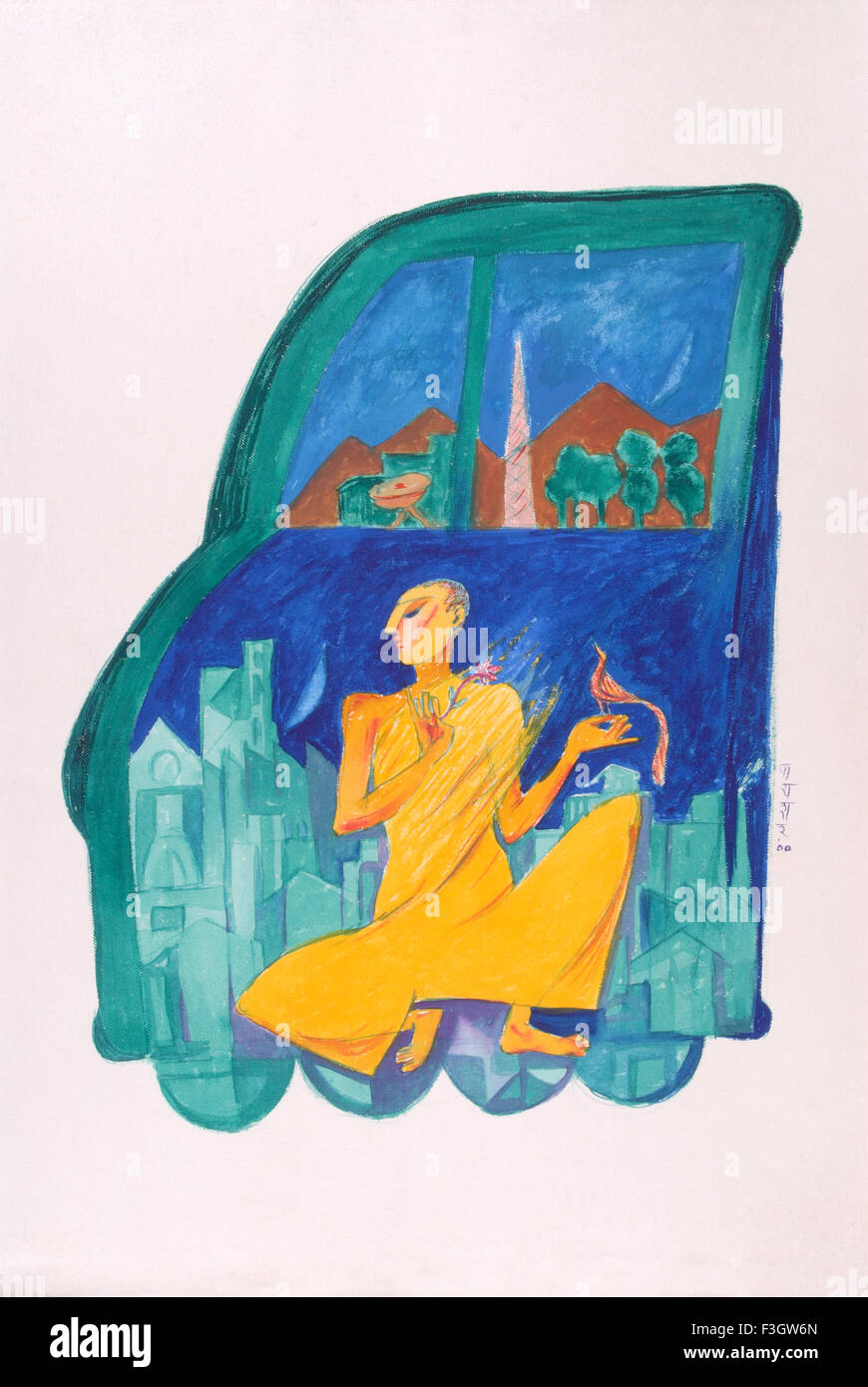 Rêve d'une personne ascétique et voiture vie en ville ; aquarelle sur papier fait main Banque D'Images