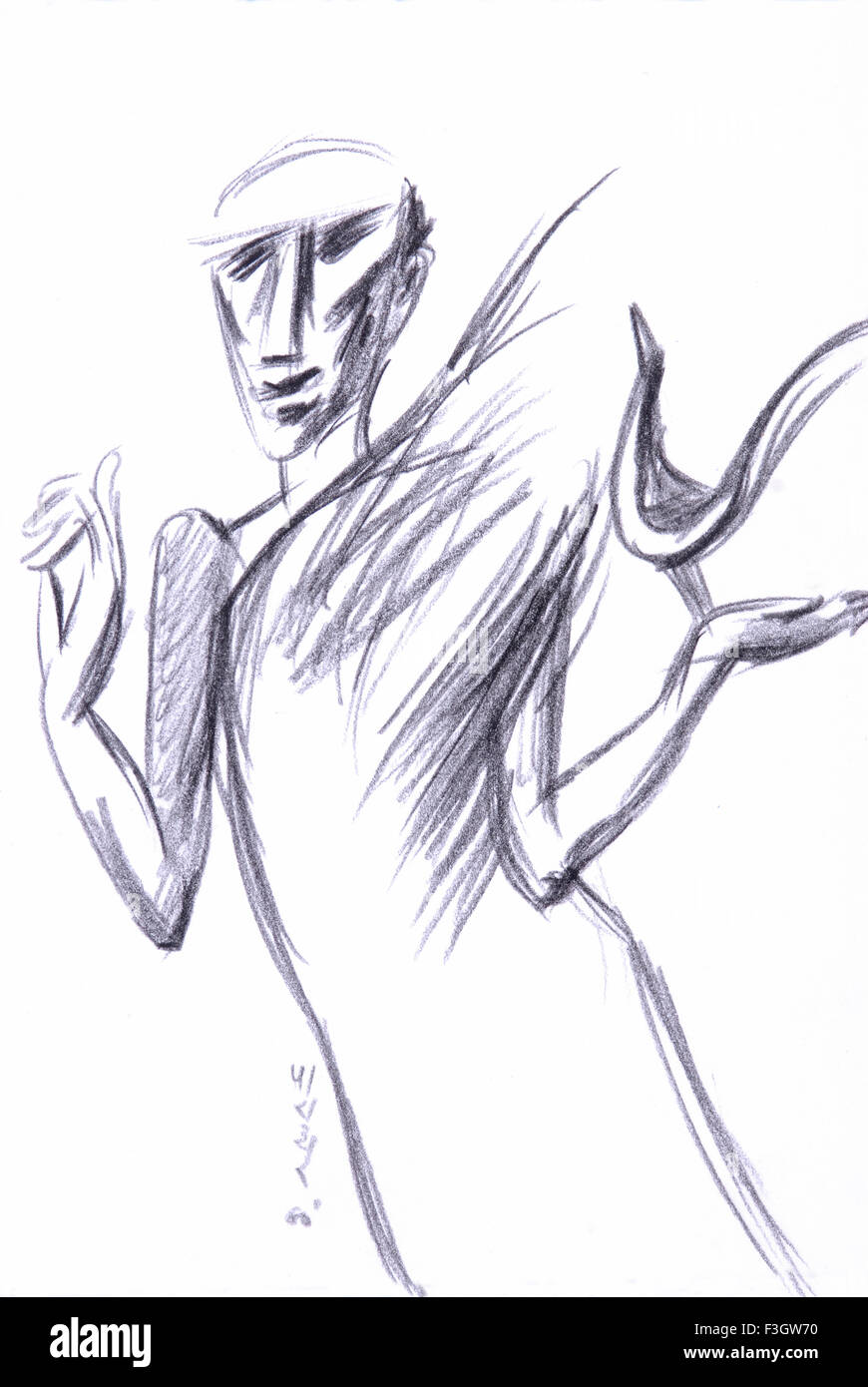 L'homme et des oiseaux Illustration dessin fusain Banque D'Images