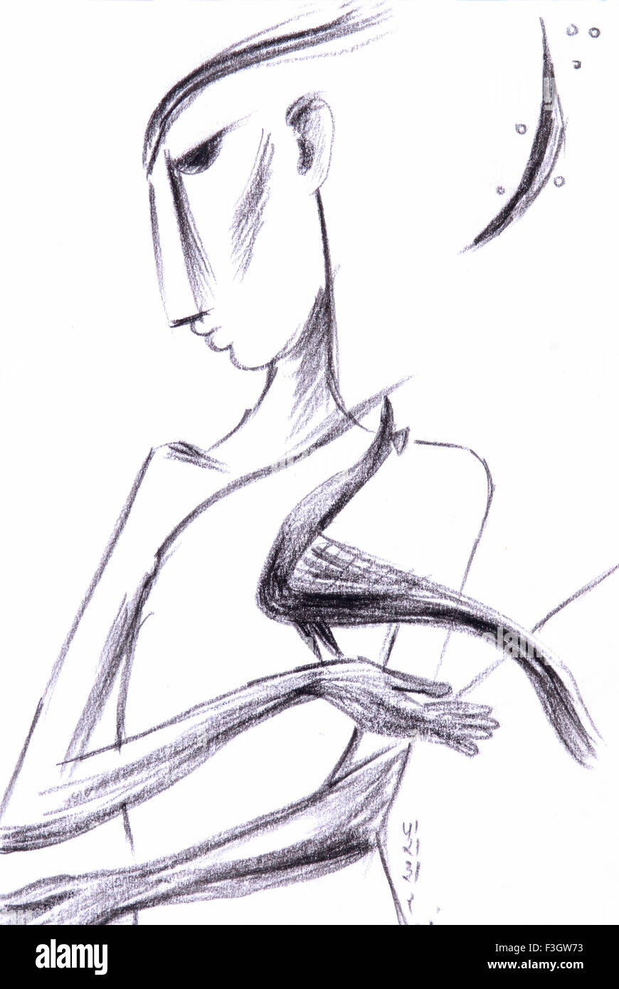 L'homme et des oiseaux Illustration dessin fusain Banque D'Images