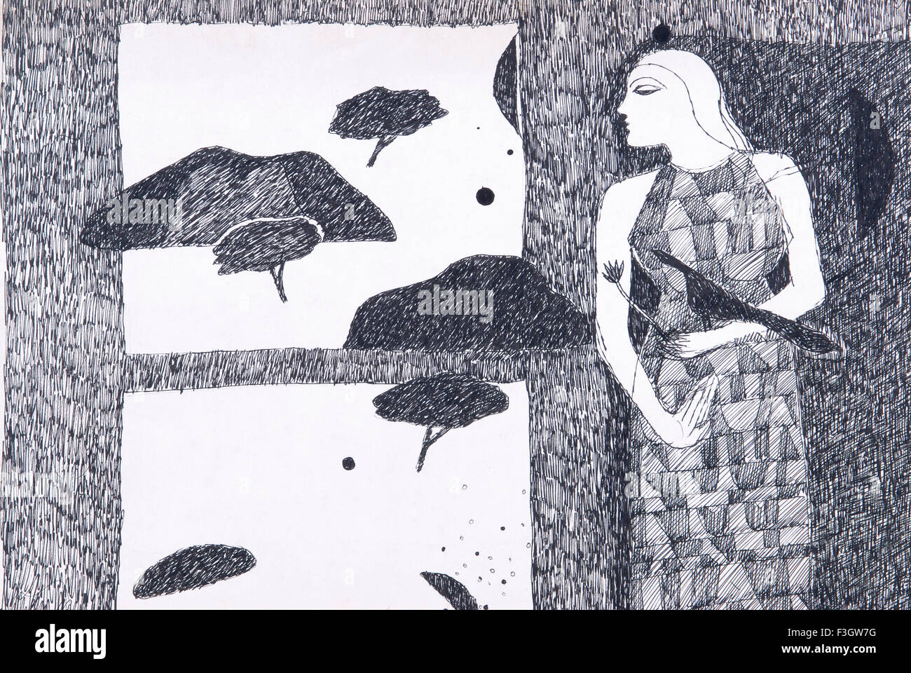 Femme dans la nature ; l'illustration à l'encre sur papier Banque D'Images