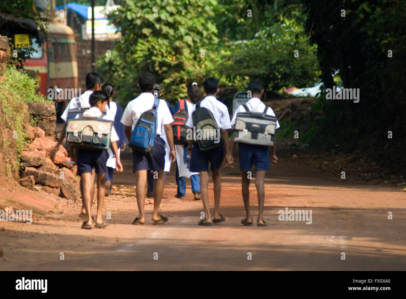 Copain sur chemin de l'école au matin ; temps ; district Ratnagiri village Malgund Maharashtra ; Inde ; Banque D'Images