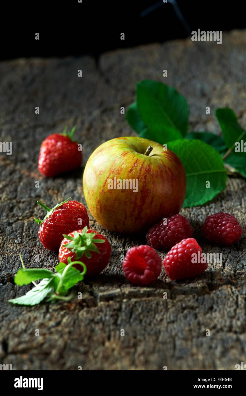 Framboises, fraises et Apple sur l'écorce des arbres Banque D'Images