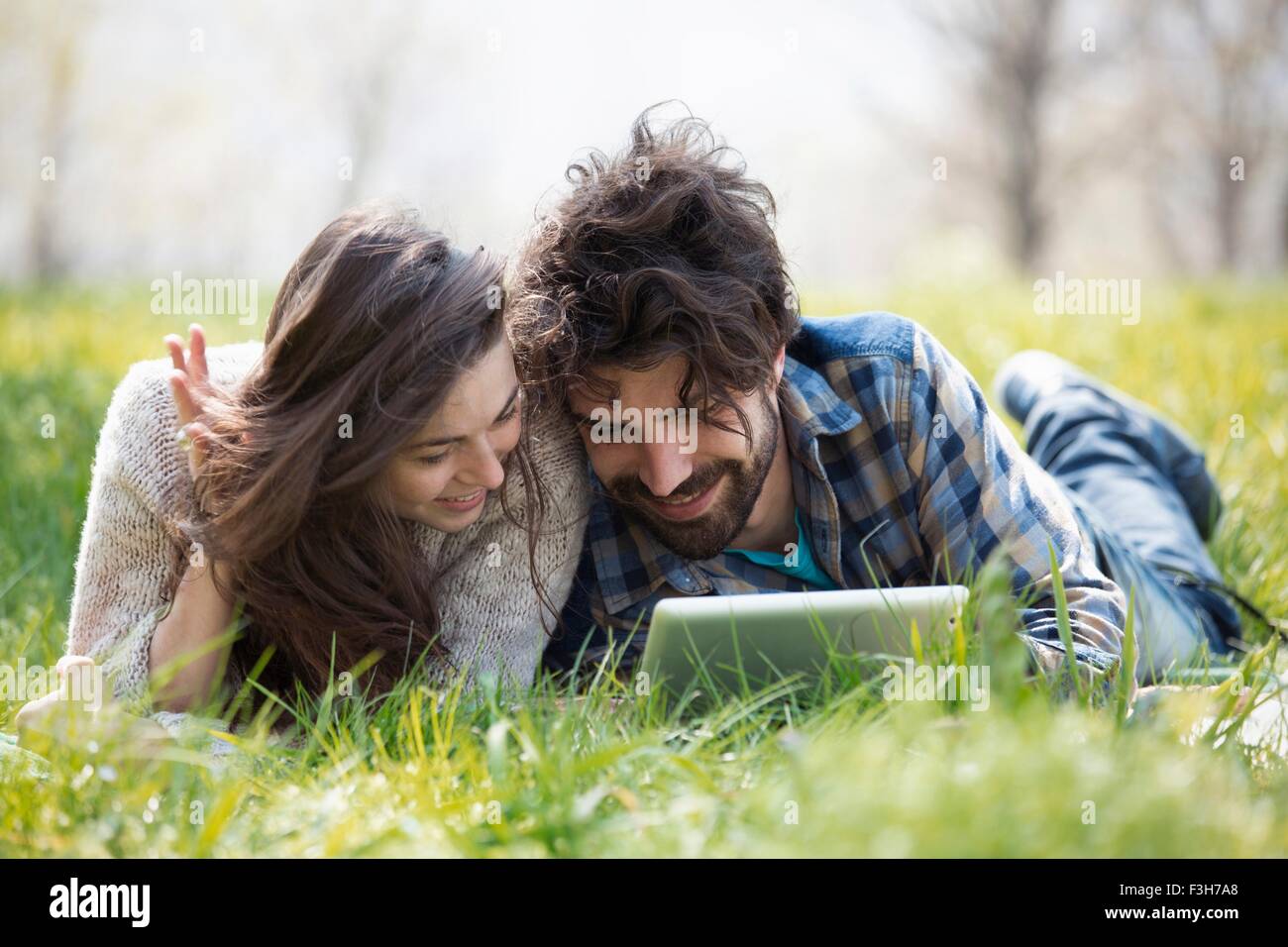 Jeune couple on picnic blanket parcourt digital tablet Banque D'Images