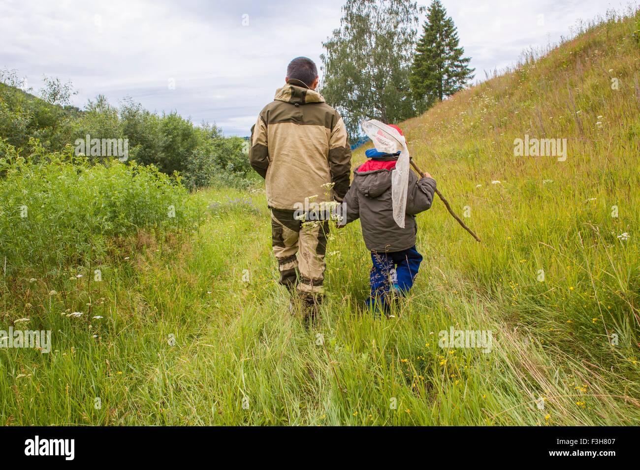 Père et fils marche à travers champ, exerçant son filet de pêche, vue arrière Banque D'Images