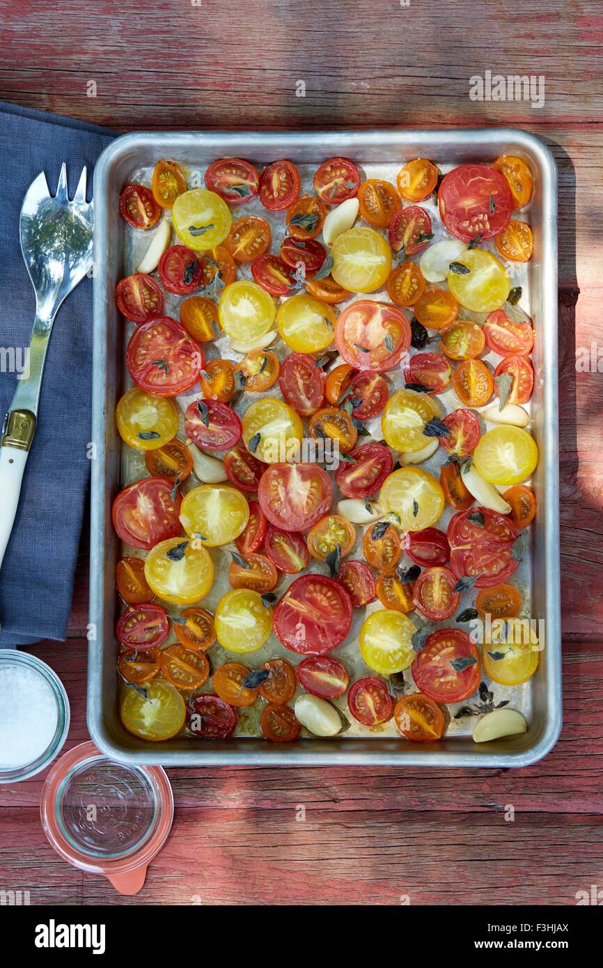 La vie encore de tomates confites, l'ail, l'origan et l'huile d'olive Banque D'Images
