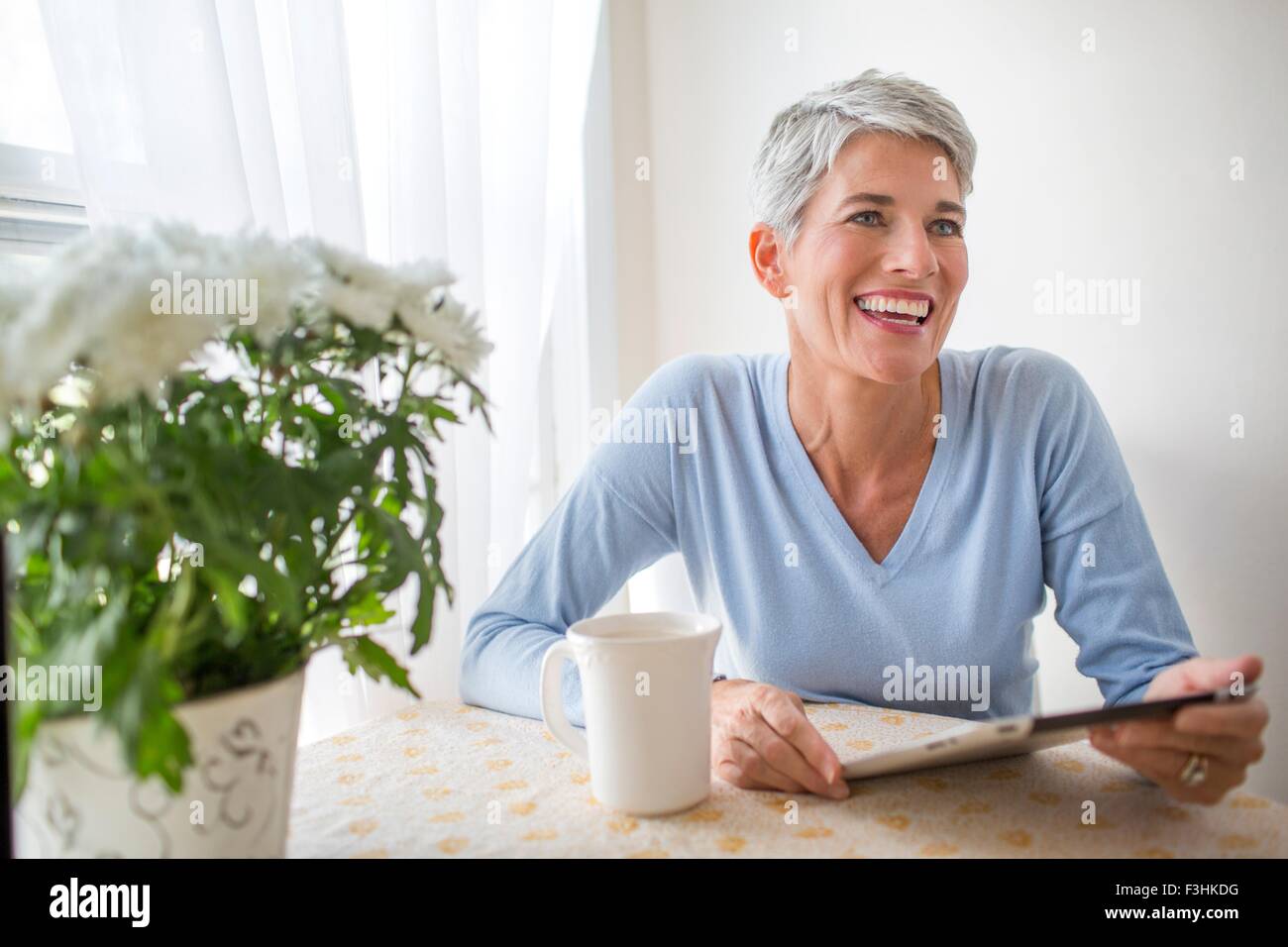 Femme mature aux cheveux gris avec des yeux bleus using digital tablet table de cuisine Banque D'Images