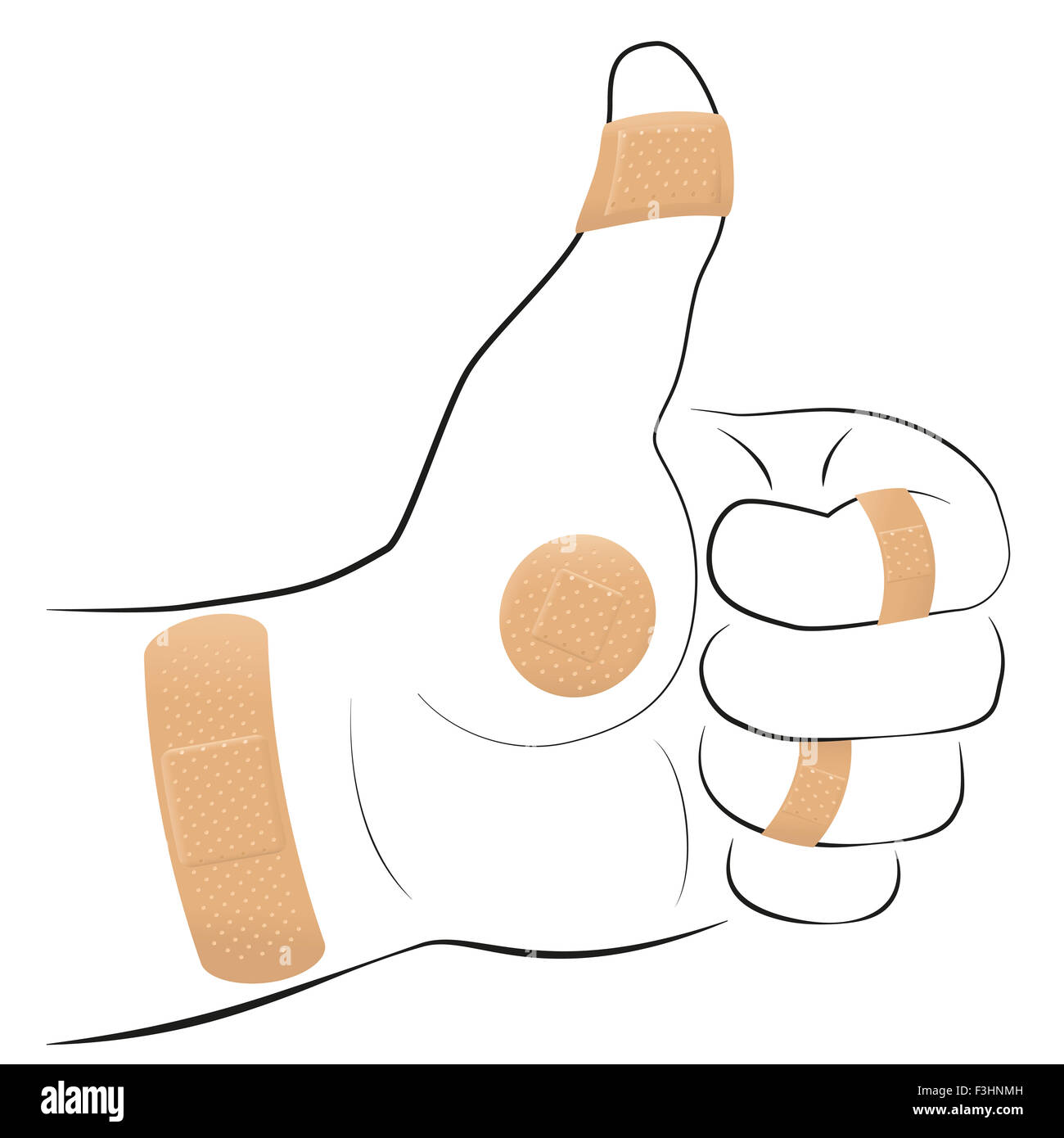 Tous droits - Thumbs up geste avec cinq sparadraps. Banque D'Images