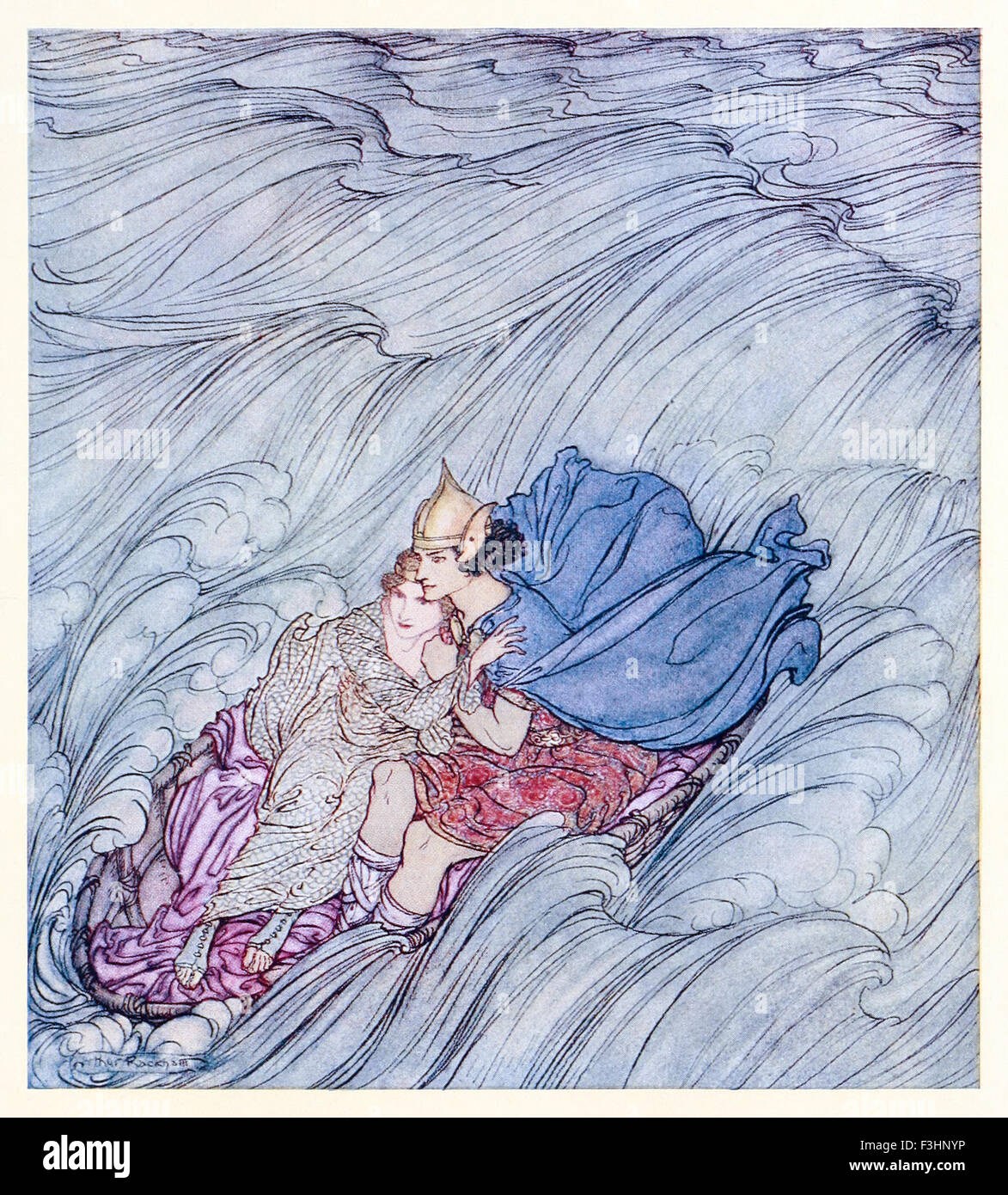 "Les vagues de l'univers semblait tournoyer devant eux dans un grand tapis vert' de 'Becuma de la peau blanche' dans 'Contes irlandais', illustration par Arthur Rackham (1867-1939). Voir la description pour plus d'informations. Banque D'Images
