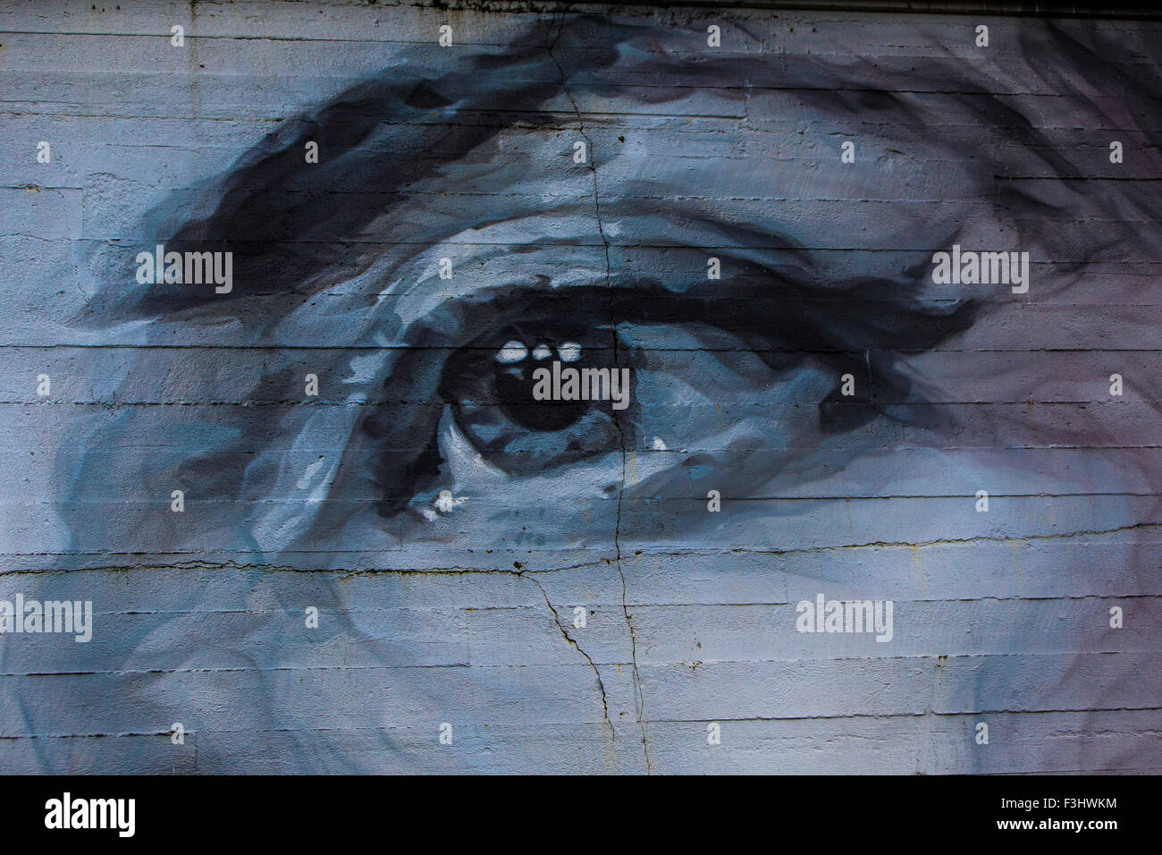 Un grand œil mesdames peint graffiti peint sur la fissuration d'un mur de béton blanc et de Banque D'Images