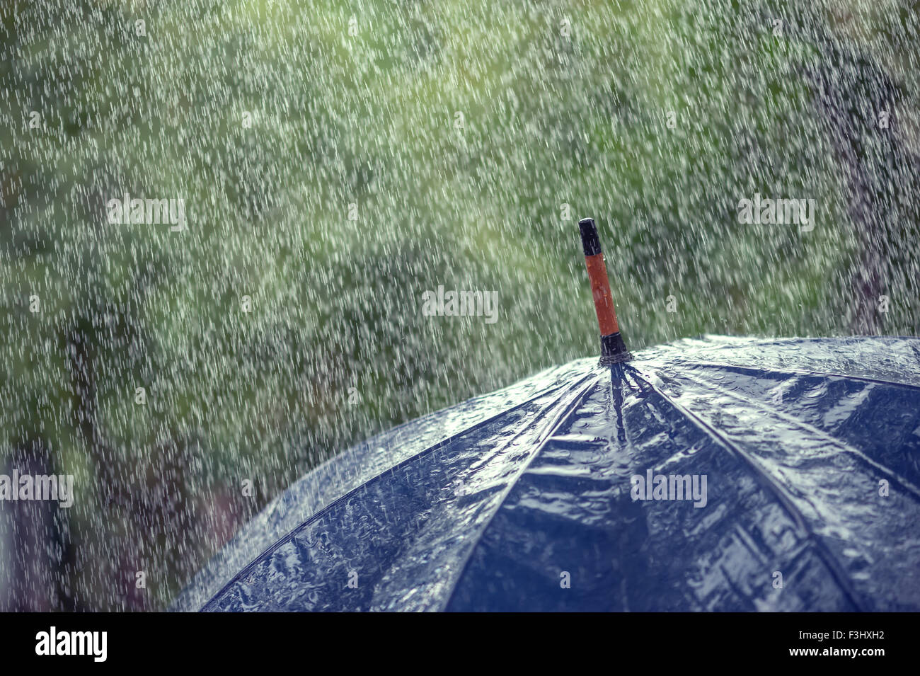 Parapluie et gouttes de pluie closeup Banque D'Images