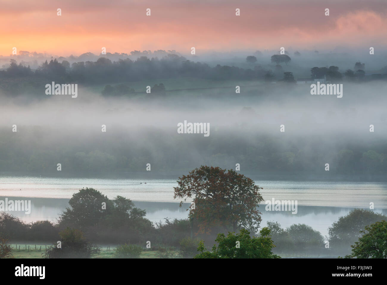 Lochwinnoch, Renfrewshire, Écosse, Royaume-Uni, jeudi 8 octobre 2015. Lever de soleil sur la campagne brumeuse au château de Semple Loch Banque D'Images