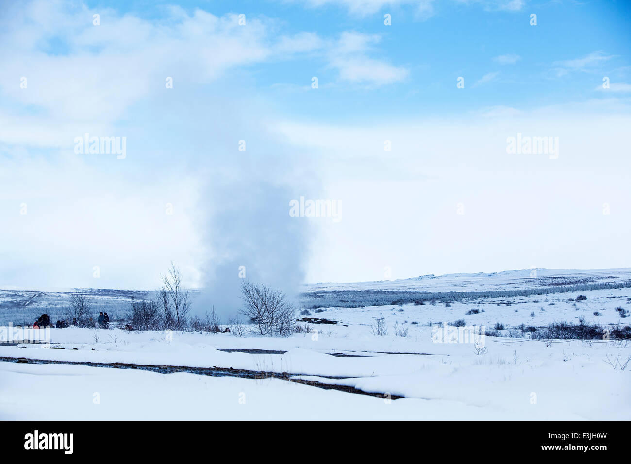 Geyser dans un paysage d'hiver en Islande Banque D'Images