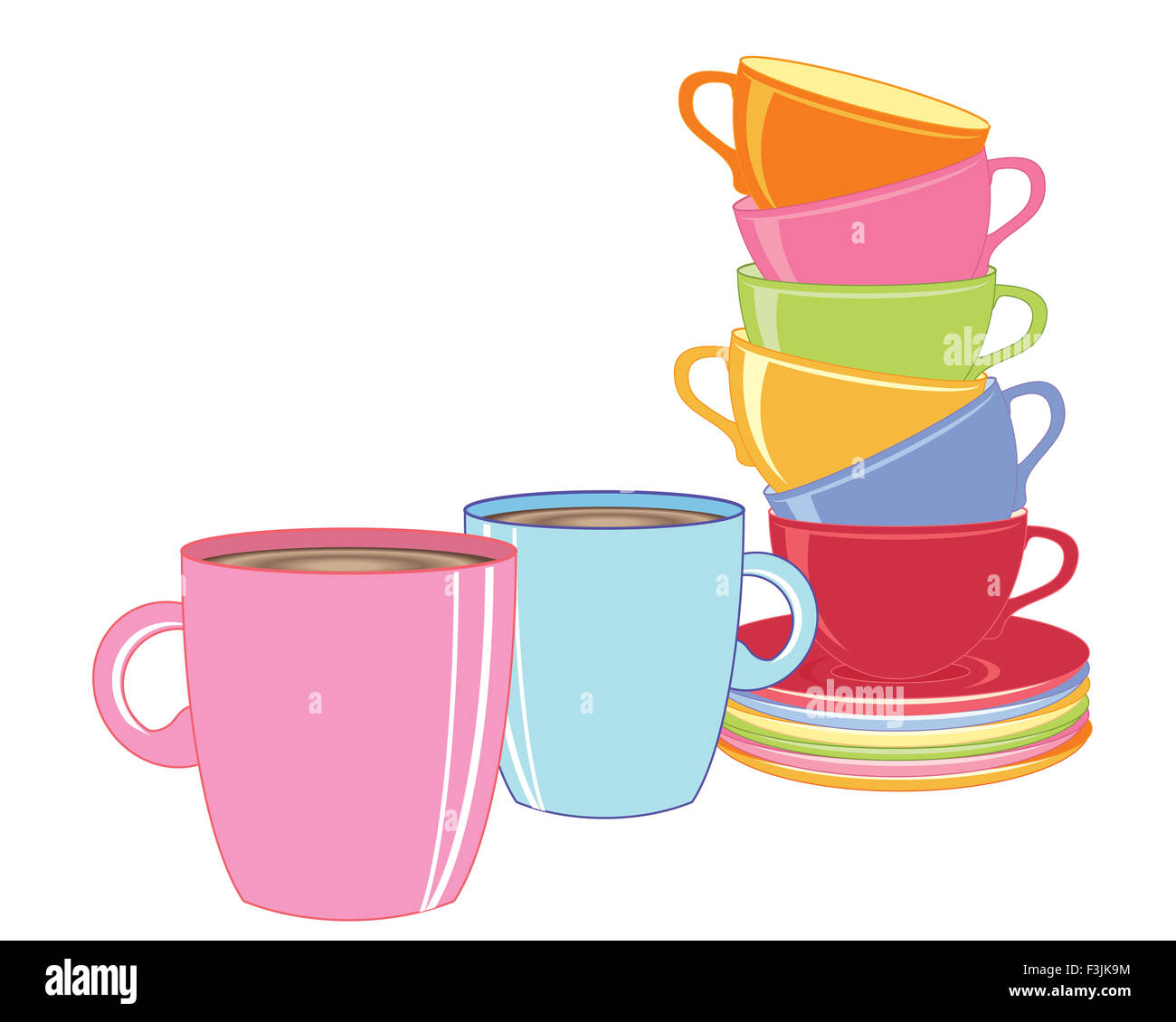 Une illustration de deux tasses de café et une pile de tasses et soucoupes colorées à la pause sur un fond blanc Banque D'Images