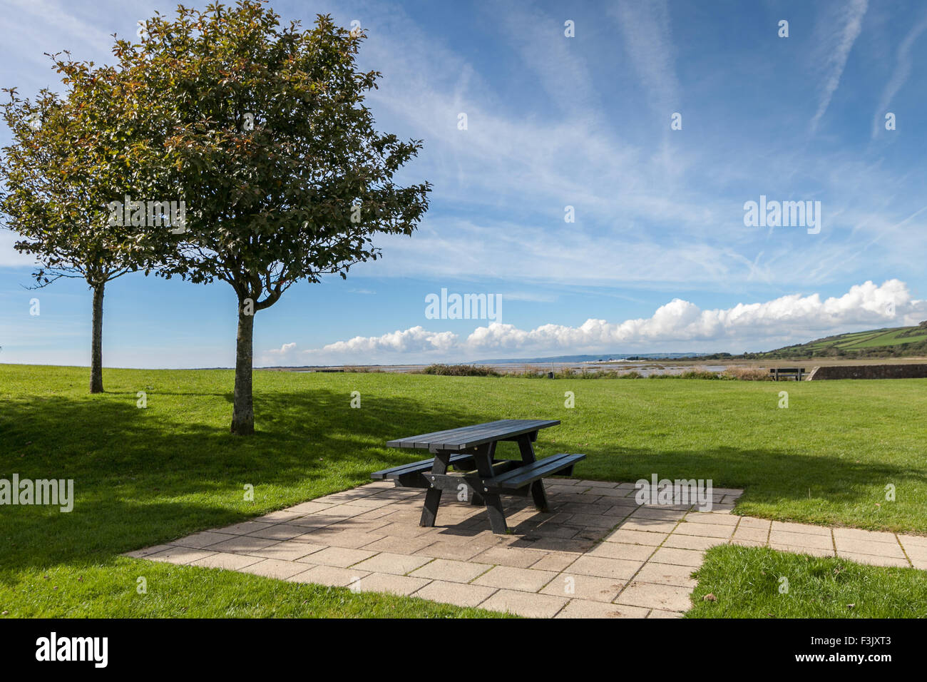 Banc de pique-nique dans un parc à quai de Kidwelly, Carmarthenshire, Pays de Galles Banque D'Images