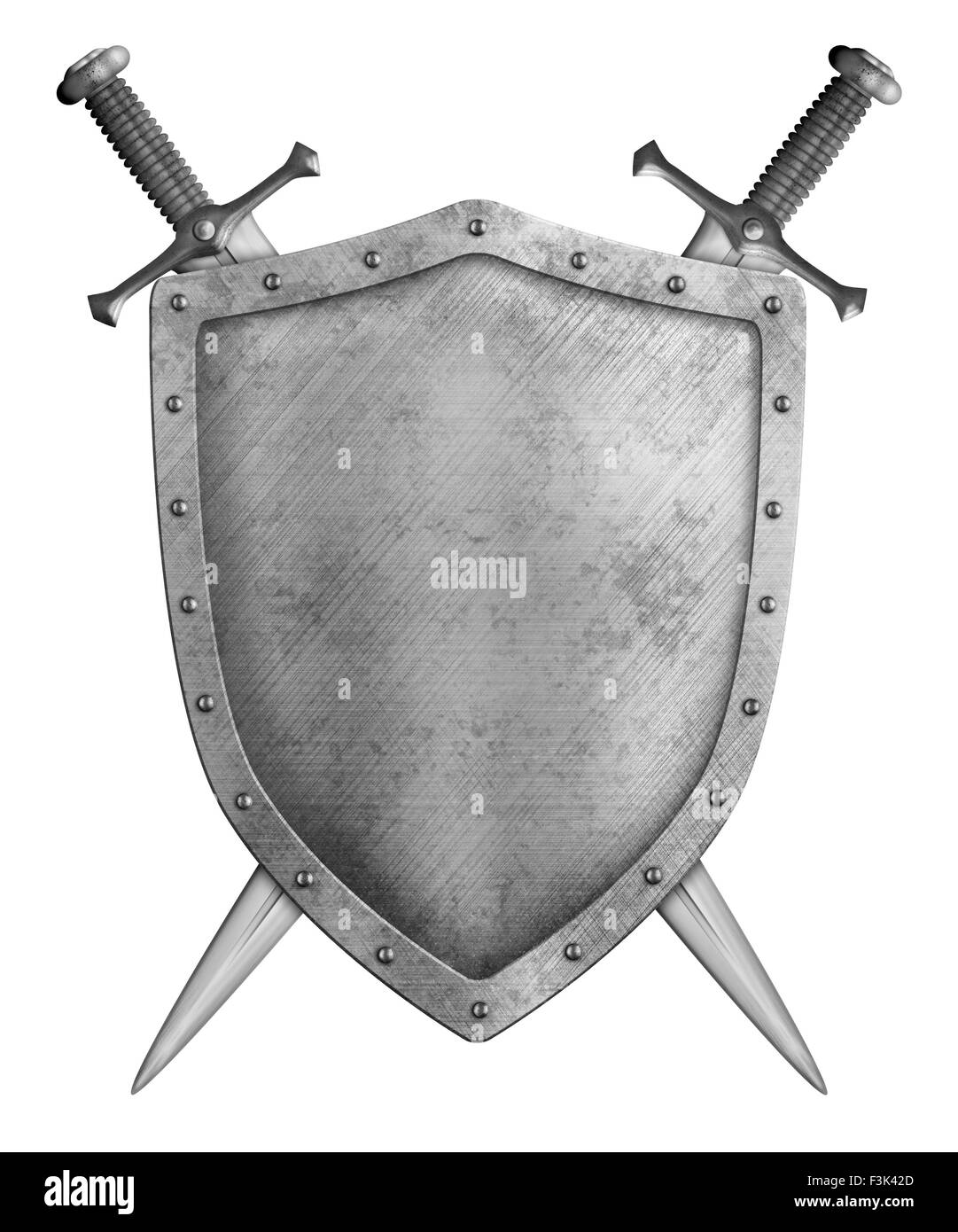 Metal bouclier chevalier et deux lames croisées isolated Banque D'Images