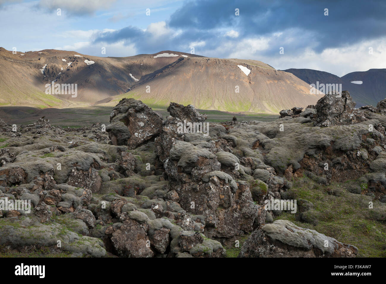 Champ de lave couvert de mousse et les montagnes près de Hveragerdi, Sudherland, Islande. Banque D'Images