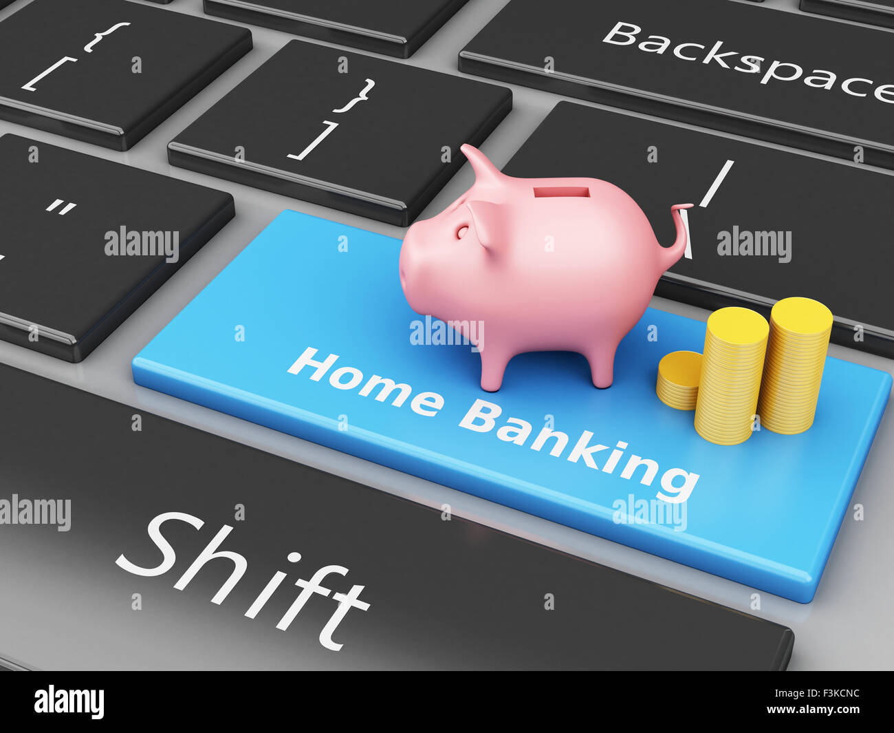 Moteur de rendu 3d image. Piggy bank with coins sur le clavier de l'ordinateur. Banque Internet concept. Banque D'Images