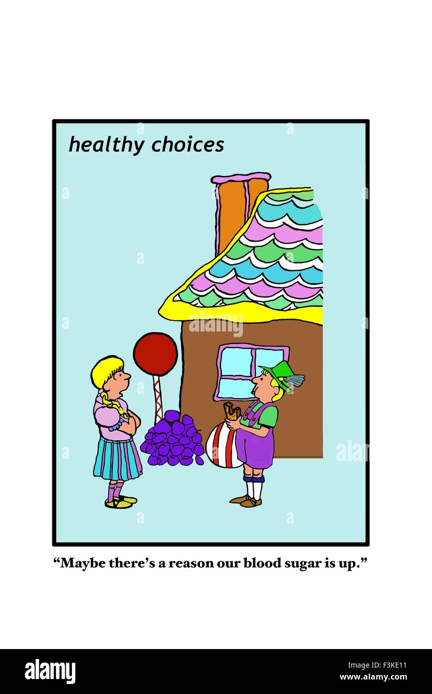 Cartoon illustration de deux personnes en face d'une maison en pain d'épices, "peut-être qu'il y a une raison notre sucre de sang est en place'. Banque D'Images