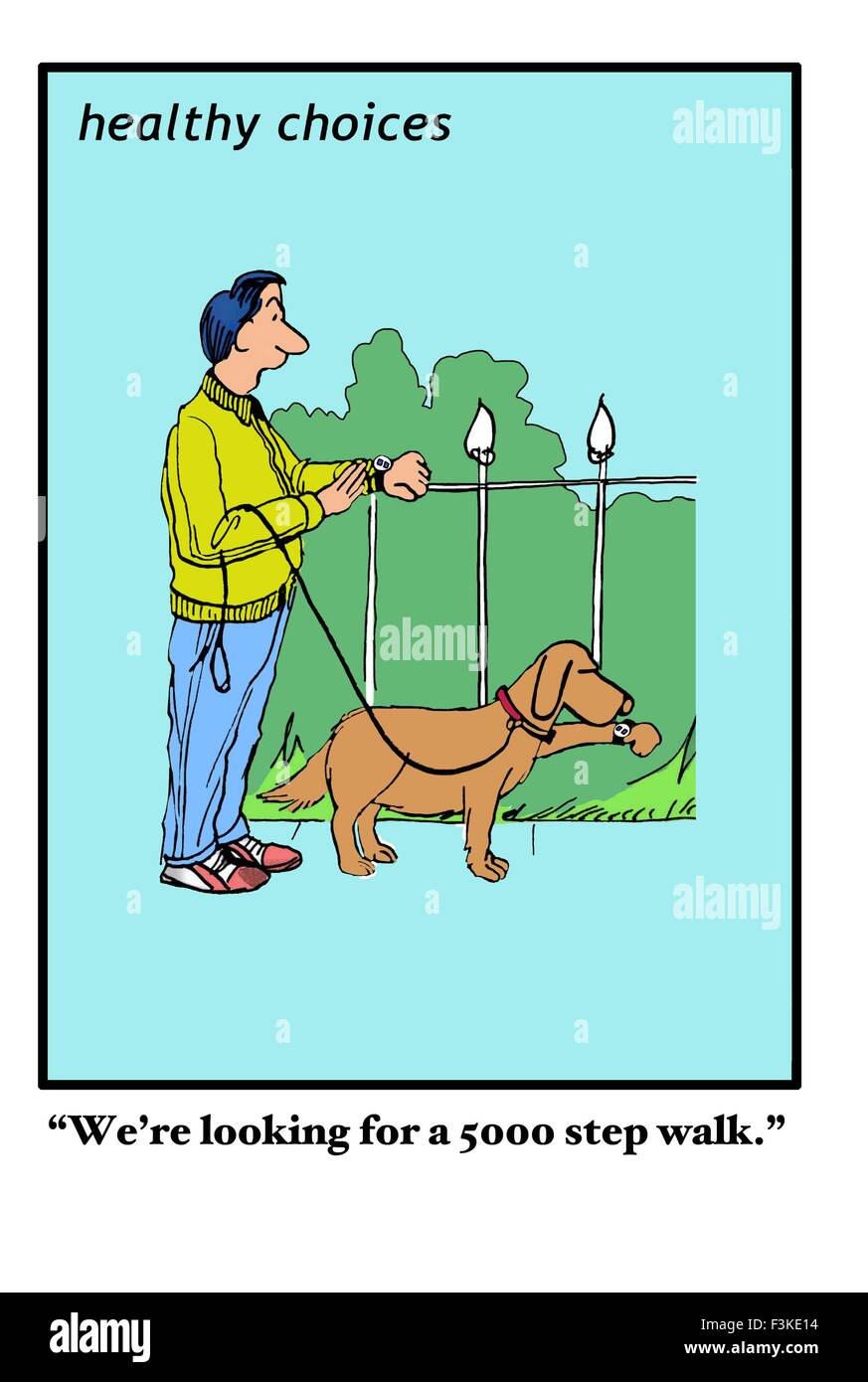 Cartoon illustration montrant l'homme et le chien de la synchronisation de leur technologie portable, 'Nous sommes à la recherche d'une étape 5000 à pied'. Banque D'Images