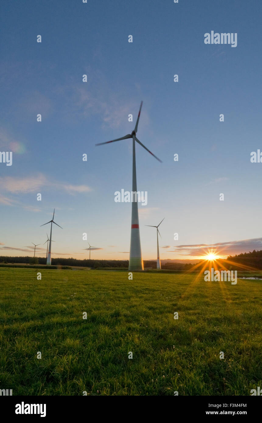 Six éoliennes dans l'agriculture et au coucher du soleil avec ciel bleu Banque D'Images