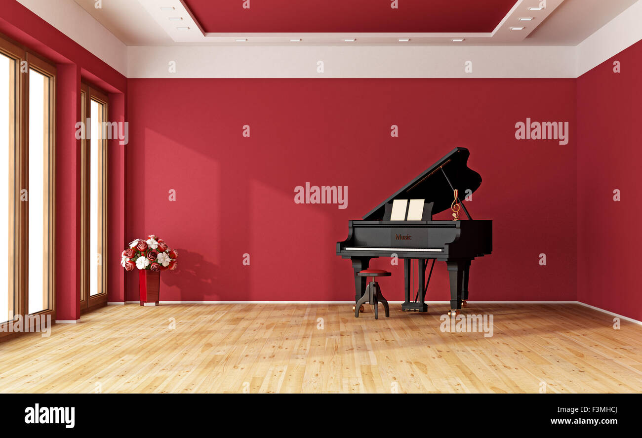 Grande chambre rouge avec piano à queue noir - 3D Rendering Banque D'Images