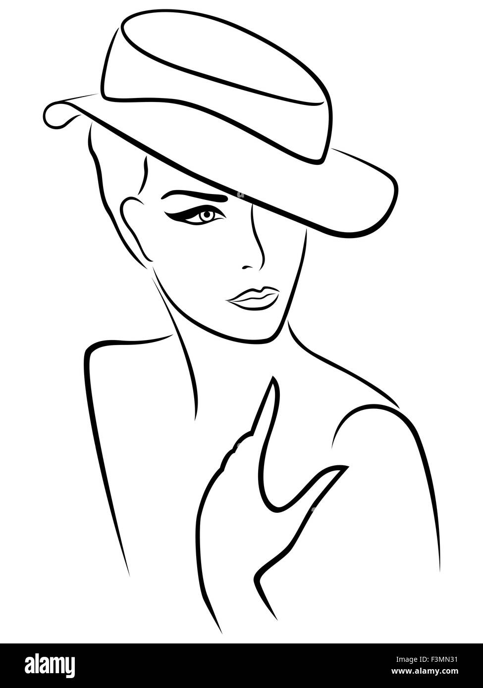 Portrait de visage de femme avec un chapeau. noir et blanc. illustration. •  autocollants murales jeune homme, femme, blanc | myloview.fr