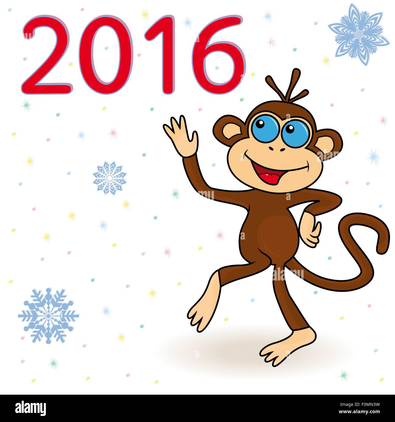 Monkey - le symbole de 2016 sur un fond d'hiver avec des flocons, dessin à la main cartoon vector illustration Illustration de Vecteur