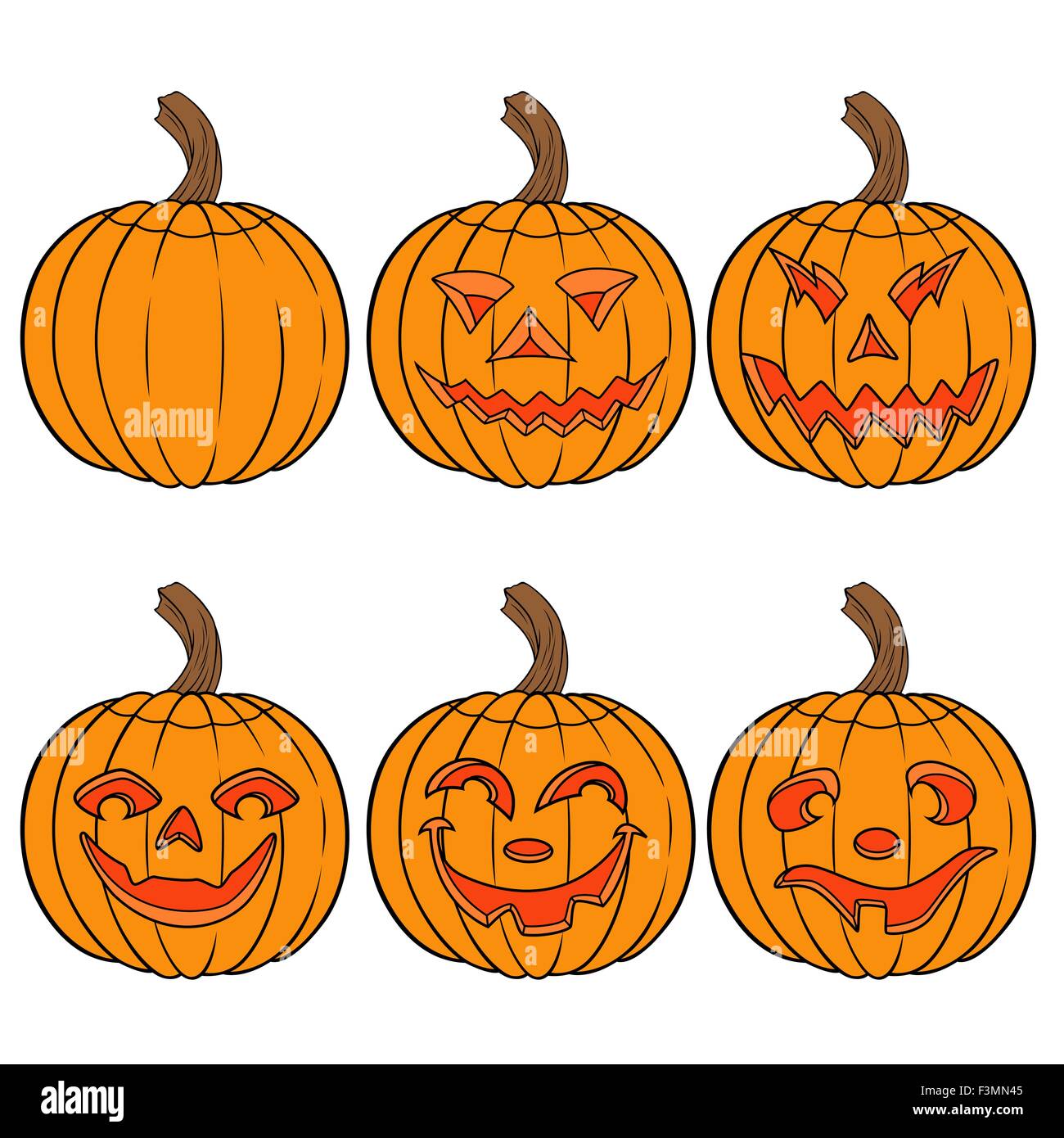 Ensemble de six Halloween citrouille orange amusante avec différents personnages face isolé sur un fond blanc, cartoon vector illustr Illustration de Vecteur