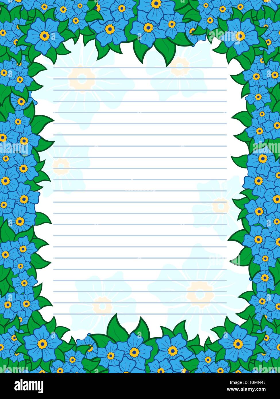 Feuille de bloc-notes avec les lignes parallèles et coloré avec des fleurs floral frame principalement dans les tons de bleu, vector illustration Illustration de Vecteur
