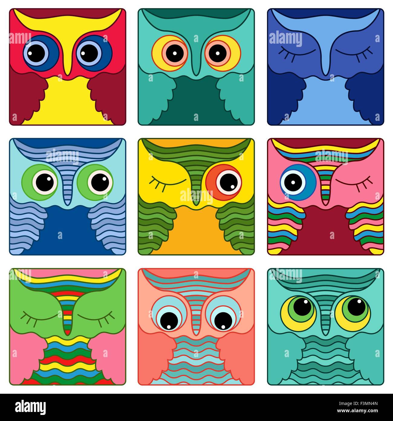 Ensemble de neuf visages amusants owl colorés placés dans des formes carrées et isolé sur un fond blanc, cartoon vector illustration comme Illustration de Vecteur