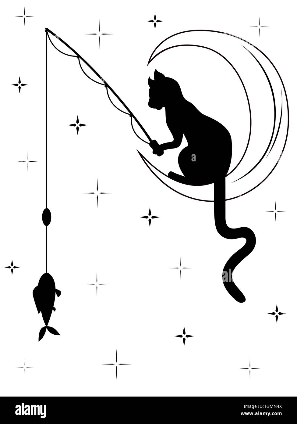 Chat Noir Avec Longue Queue Assis Sur La Lune Entre Ciel Etoile Et Prend Un Poisson Avec La Canne A Peche Vecteur De Carton Noir Et Blanc Image Vectorielle Stock Alamy