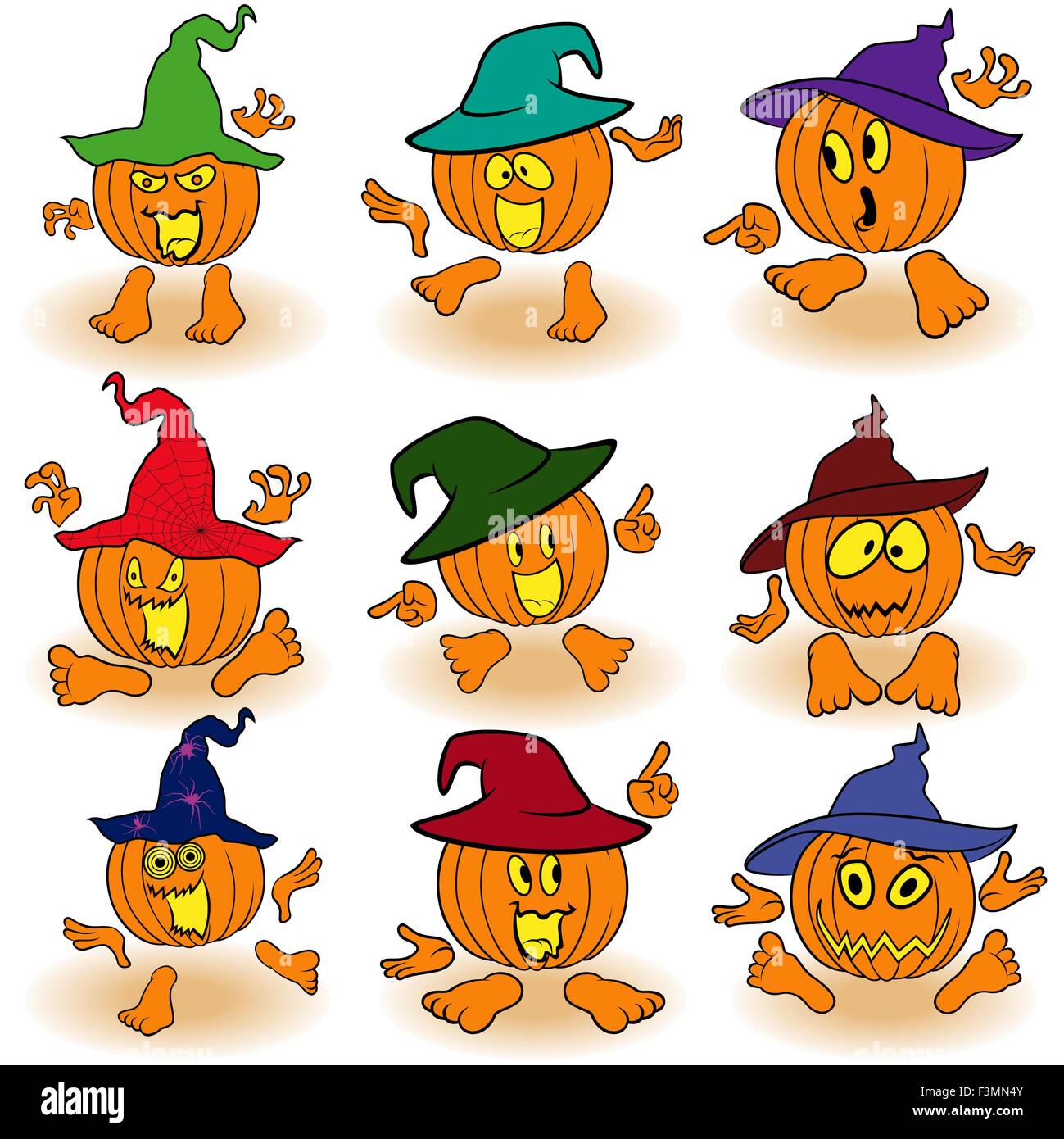 Ensemble de neuf Halloween citrouille orange en couleur chapeaux que gesticuler avec mains et pieds isolé sur le fond blanc, carto Illustration de Vecteur