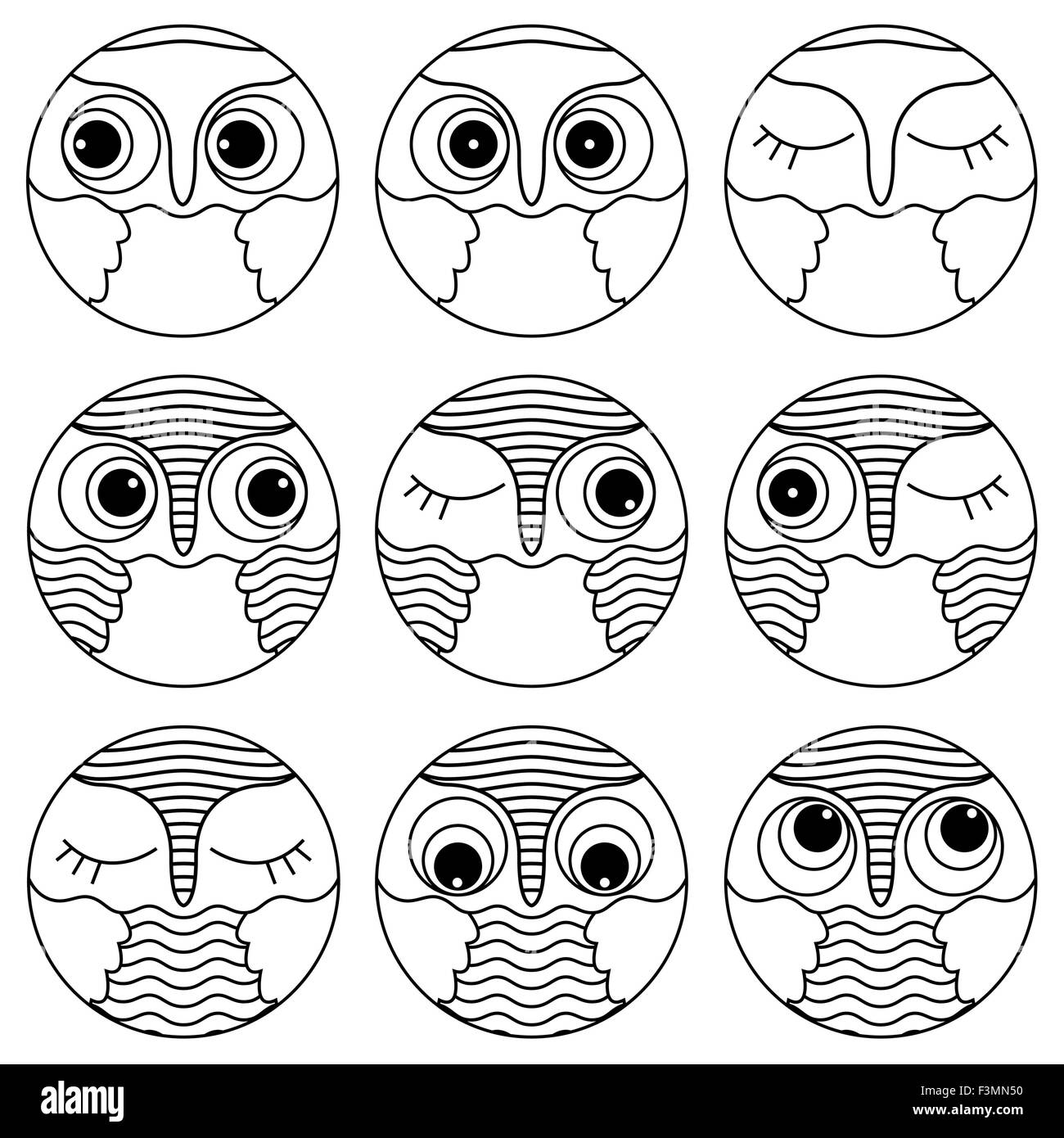 Ensemble de neuf visages amusants owl placées en cercle et isolé sur un fond blanc, cartoon vector contours noirs comme des icônes Illustration de Vecteur