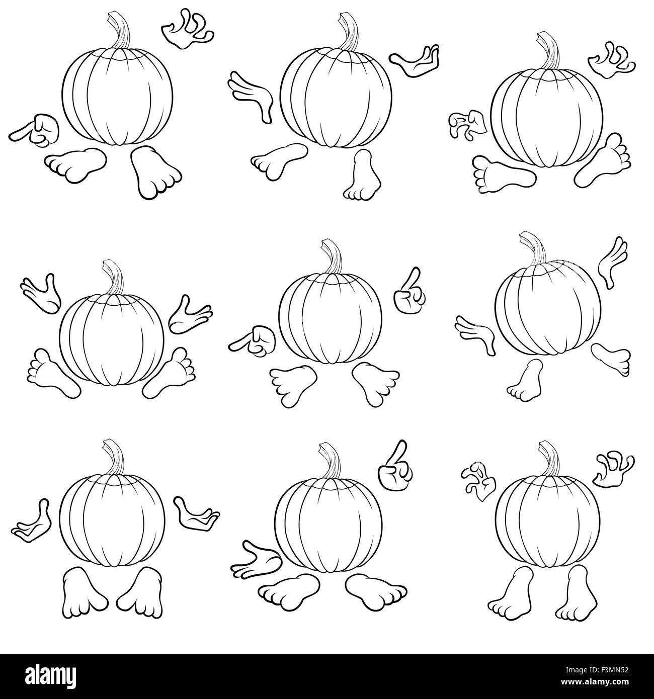 Halloween ensemble de neuf lignes de citrouilles drôles que gesticuler avec les mains et les pieds, vue de l'arrière, isolé sur le livre blanc Illustration de Vecteur