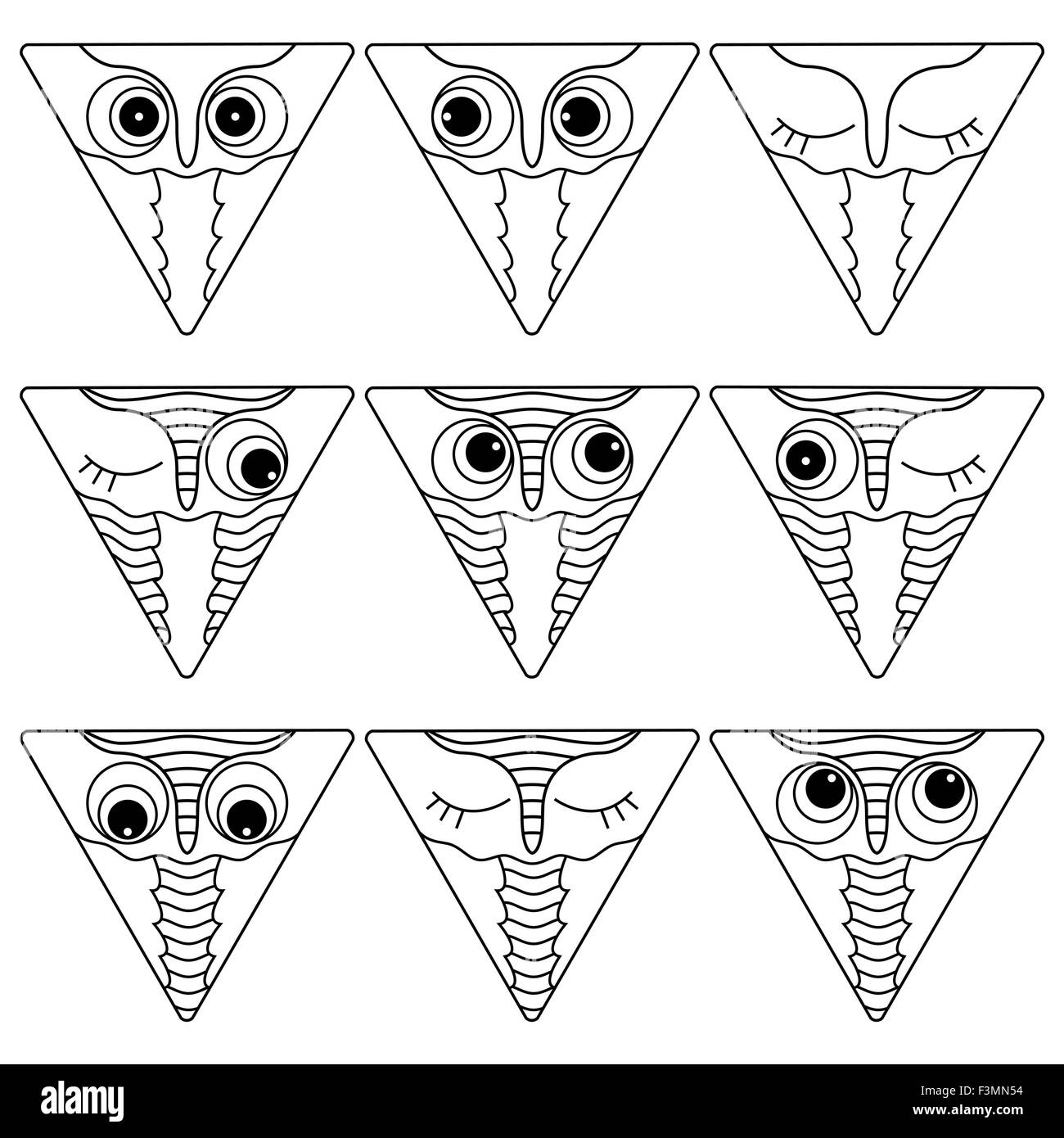 Ensemble de neuf visages amusants owl placés dans des formes triangle et isolé sur un fond blanc, cartoon vector contours noirs en icône Illustration de Vecteur