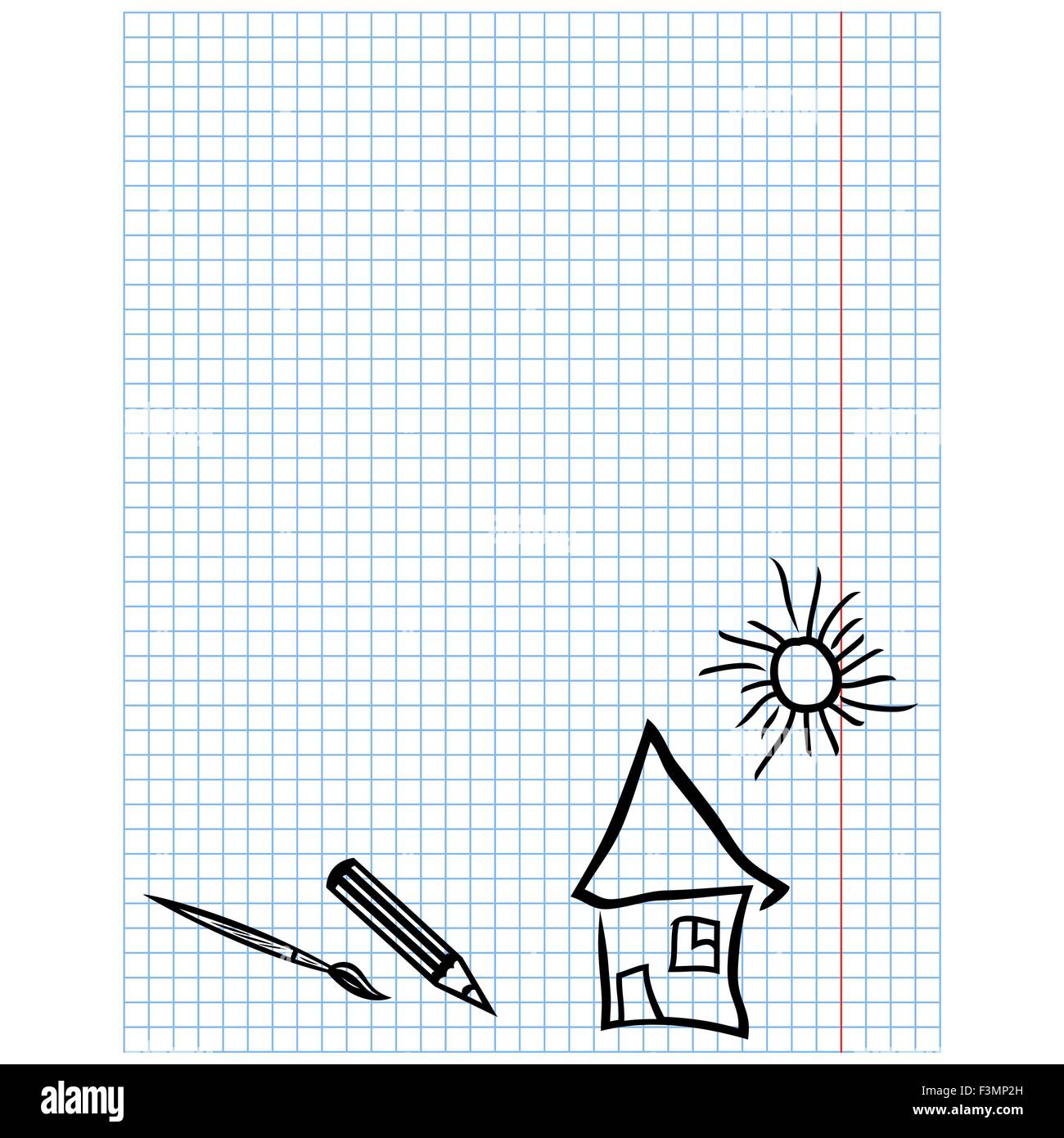 De simples dessins enfantins sur feuille à carreaux avec des images de pinceau, crayon, house et sun, vector illustration Illustration de Vecteur