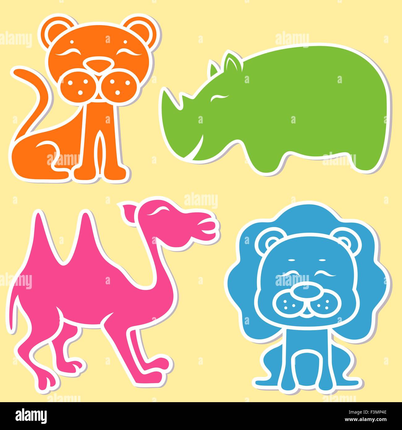 Lion, lionne, Rhino et camel sur fond jaune clair, télévision cartoon vector illustration Illustration de Vecteur